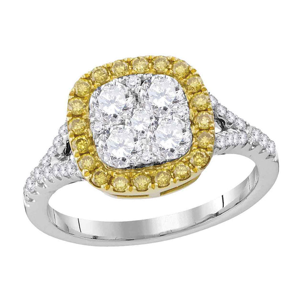 18kt White Gold Womens Round Yellow Diamond Square Cluster Ring 1-1/3 Cttw