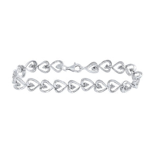 Sterling Silver Womens Round Diamond Heart Link Bracelet 1/10 Cttw