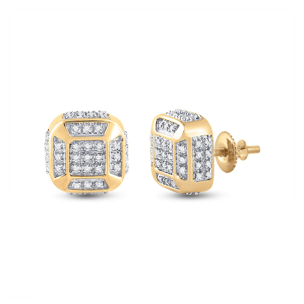 10kt Yellow Gold Mens Round Diamond Cushion Cluster Earrings 1/4 Cttw