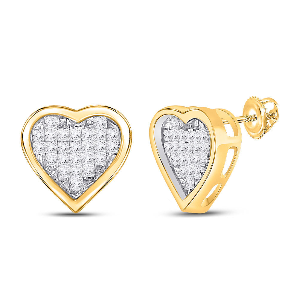 10kt Yellow Gold Womens Princess Diamond Heart Earrings 1/3 Cttw