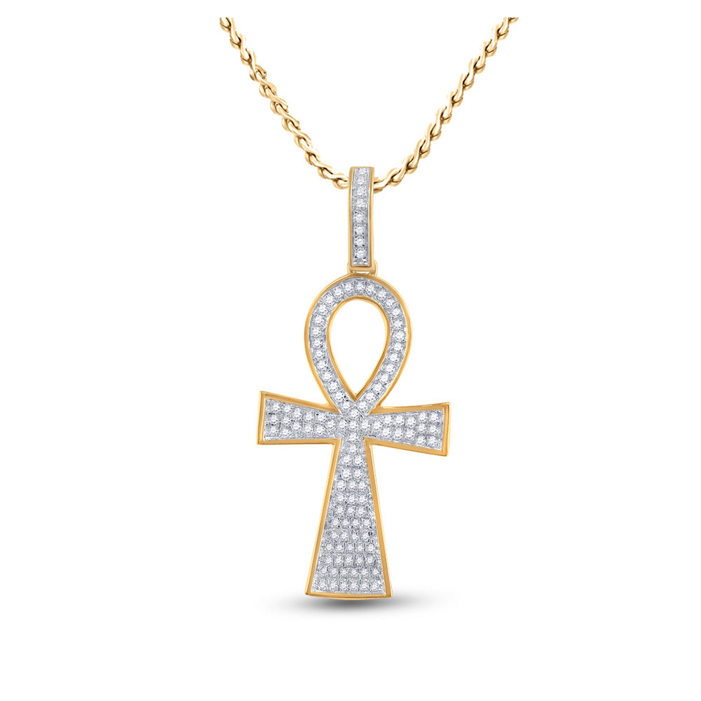 10kt Yellow Gold Mens Round Diamond Ankh Cross Charm Pendant 1/3 Cttw