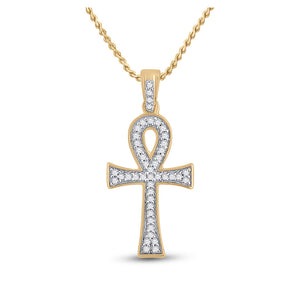 10kt Yellow Gold Mens Round Diamond Ankh Cross Charm Pendant 1/5 Cttw