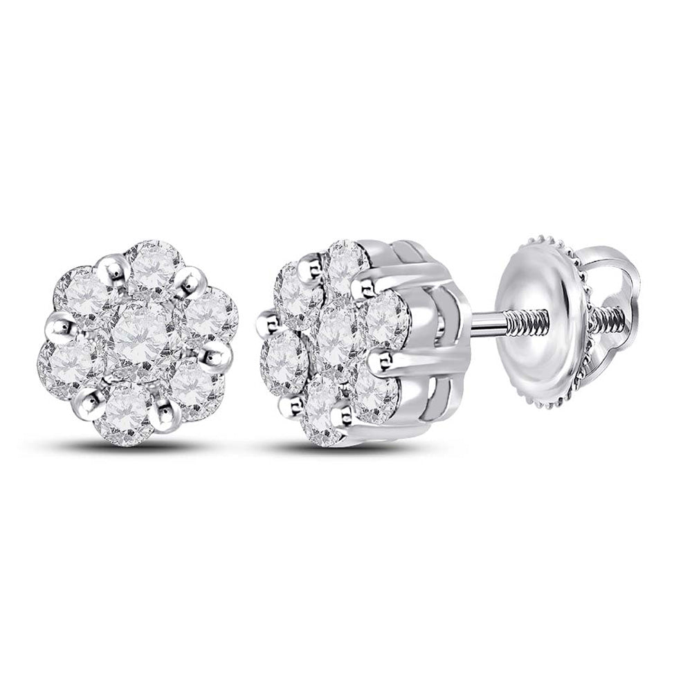 14kt White Gold Womens Round Diamond Flower Cluster Earrings 1/2 Cttw