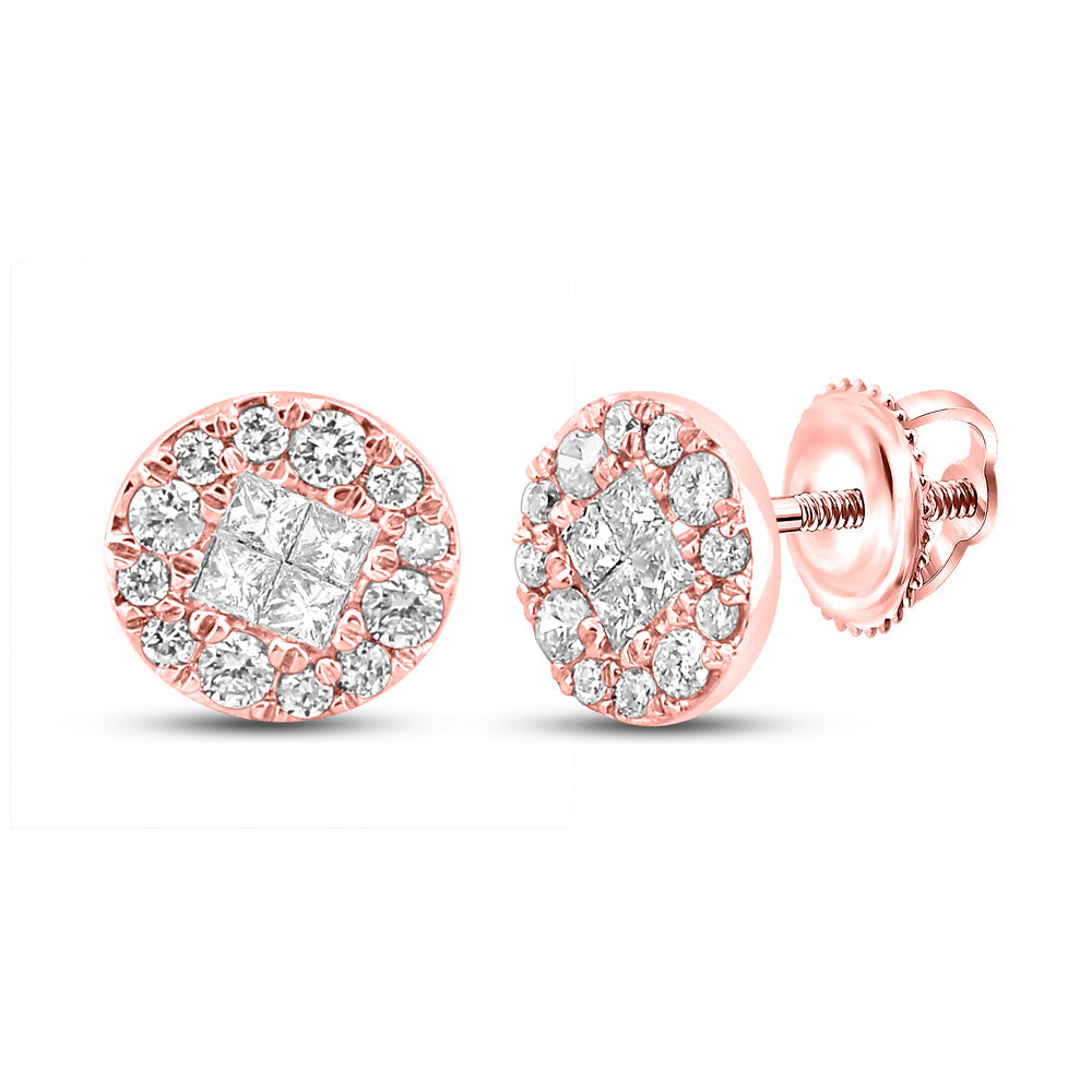 14kt Rose Gold Womens Princess Round Diamond Circle Earrings 1/4 Cttw