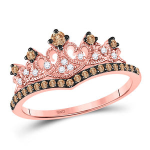 10kt Rose Gold Womens Round Brown Diamond Crown Tiara Ring 1/3 Cttw