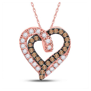 10kt Rose Gold Womens Round Brown Diamond Heart Pendant 1/3 Cttw