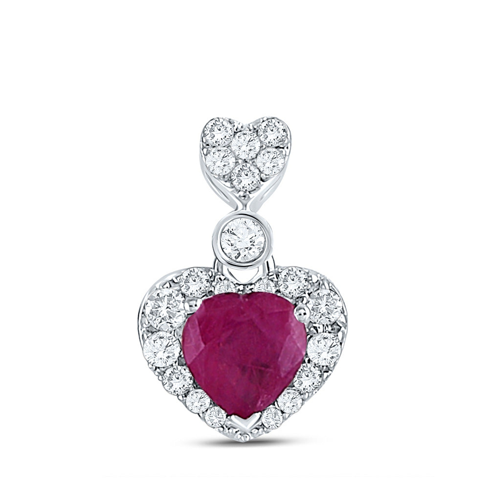 10kt White Gold Womens Heart Ruby Diamond Fashion Pendant 3/8 Cttw