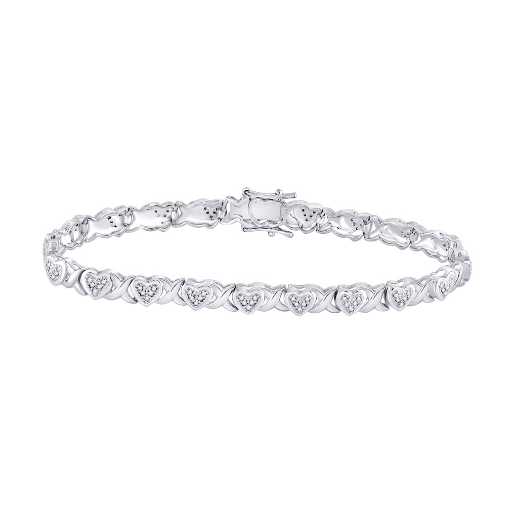 Sterling Silver Womens Round Diamond Heart Tennis Bracelet 1/4 Cttw