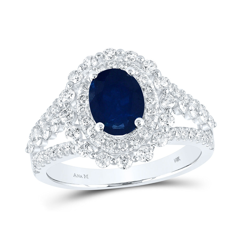 14kt White Gold Womens Oval Blue Sapphire Solitaire Diamond Ring 2-1/3 Cttw