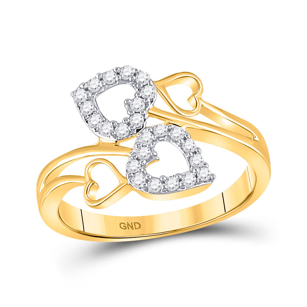 10kt Yellow Gold Womens Round Diamond Double Heart Ring 1/4 Cttw