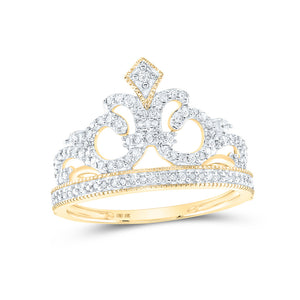 10kt Yellow Gold Womens Round Diamond Fleur Crown Tiara Fashion Ring 1/5 Cttw