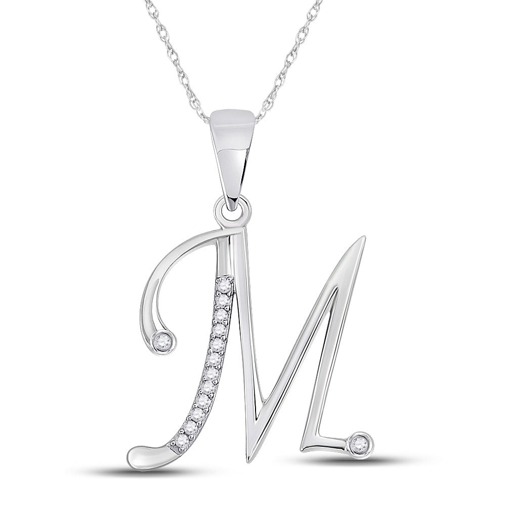 10kt White Gold Womens Round Diamond M Initial Letter Pendant 1/20 Cttw