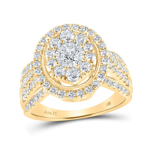 14kt Yellow Gold Round Diamond Cluster Oval Bridal Wedding Engagement Ring 1-1/2 Cttw