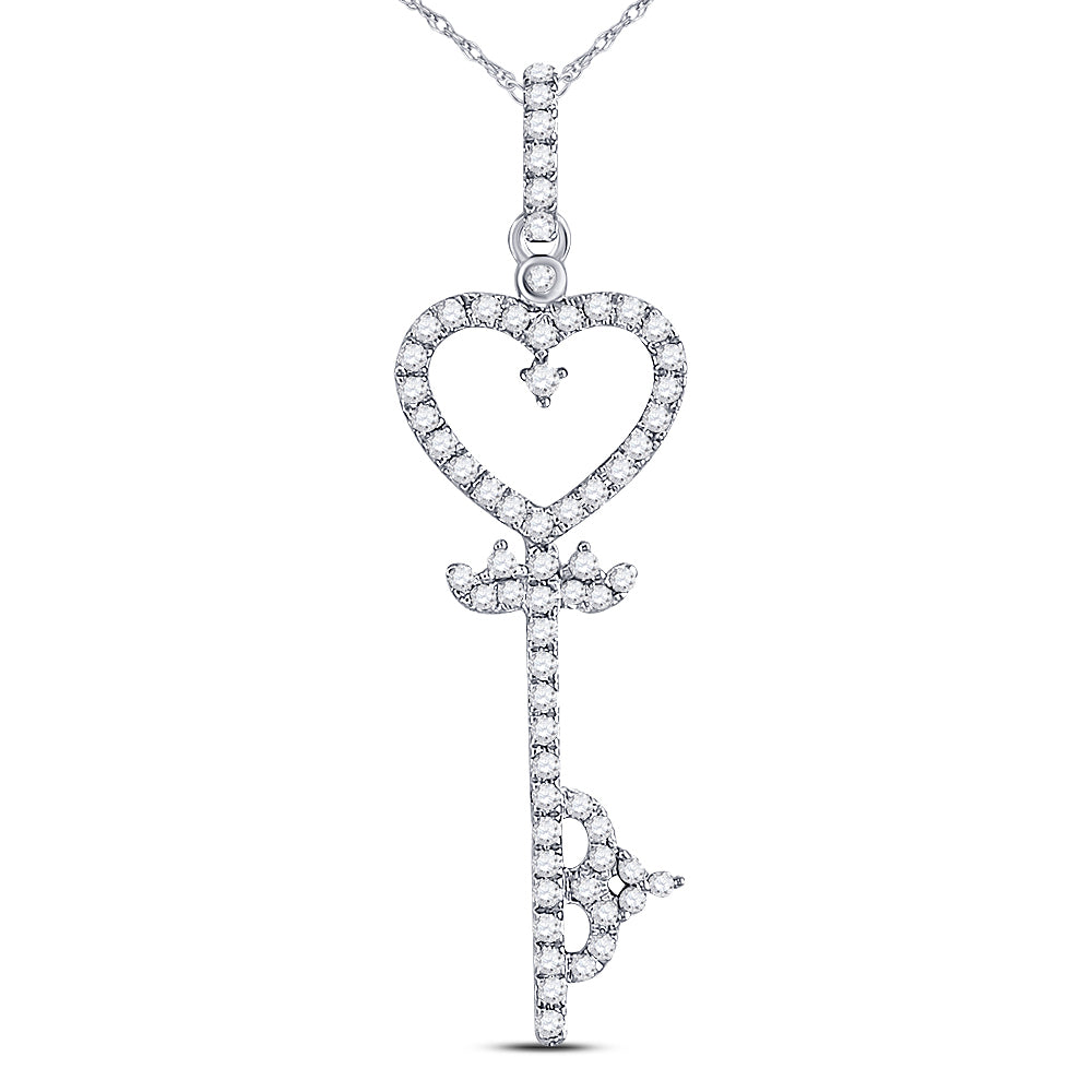 10kt White Gold Womens Round Diamond Key Heart Pendant 1/5 Cttw