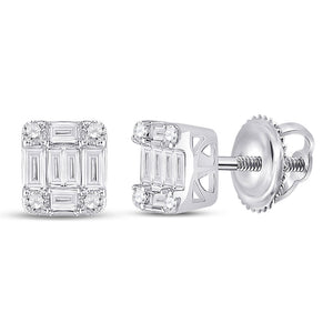 14kt White Gold Womens Baguette Diamond Fashion Cluster Earrings 3/8 Cttw