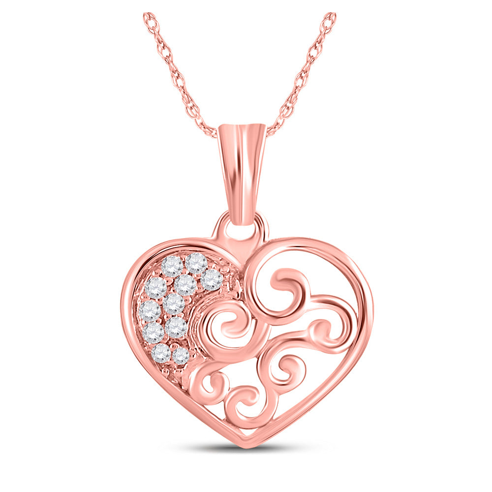 10kt Rose Gold Womens Round Diamond Heart Pendant 1/12 Cttw