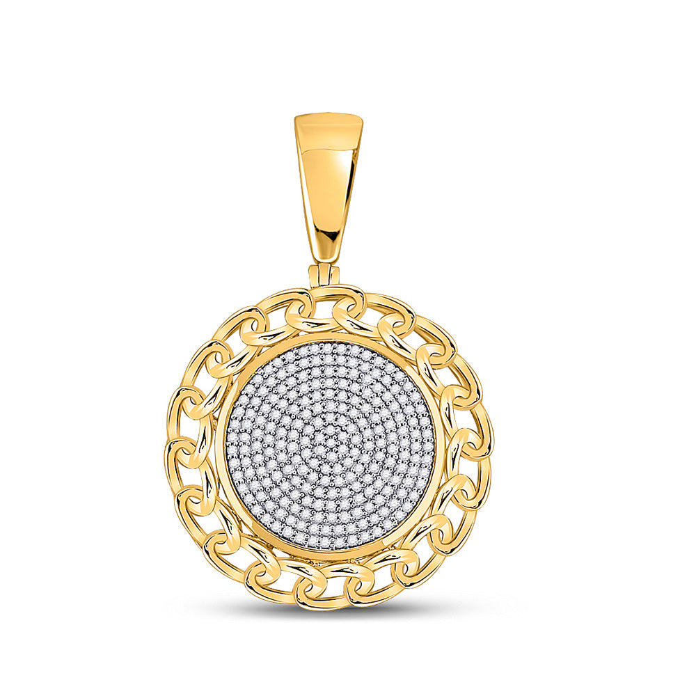 14kt Yellow Gold Mens Round Diamond Cuban Link Circle Charm Pendant 1/2 Cttw