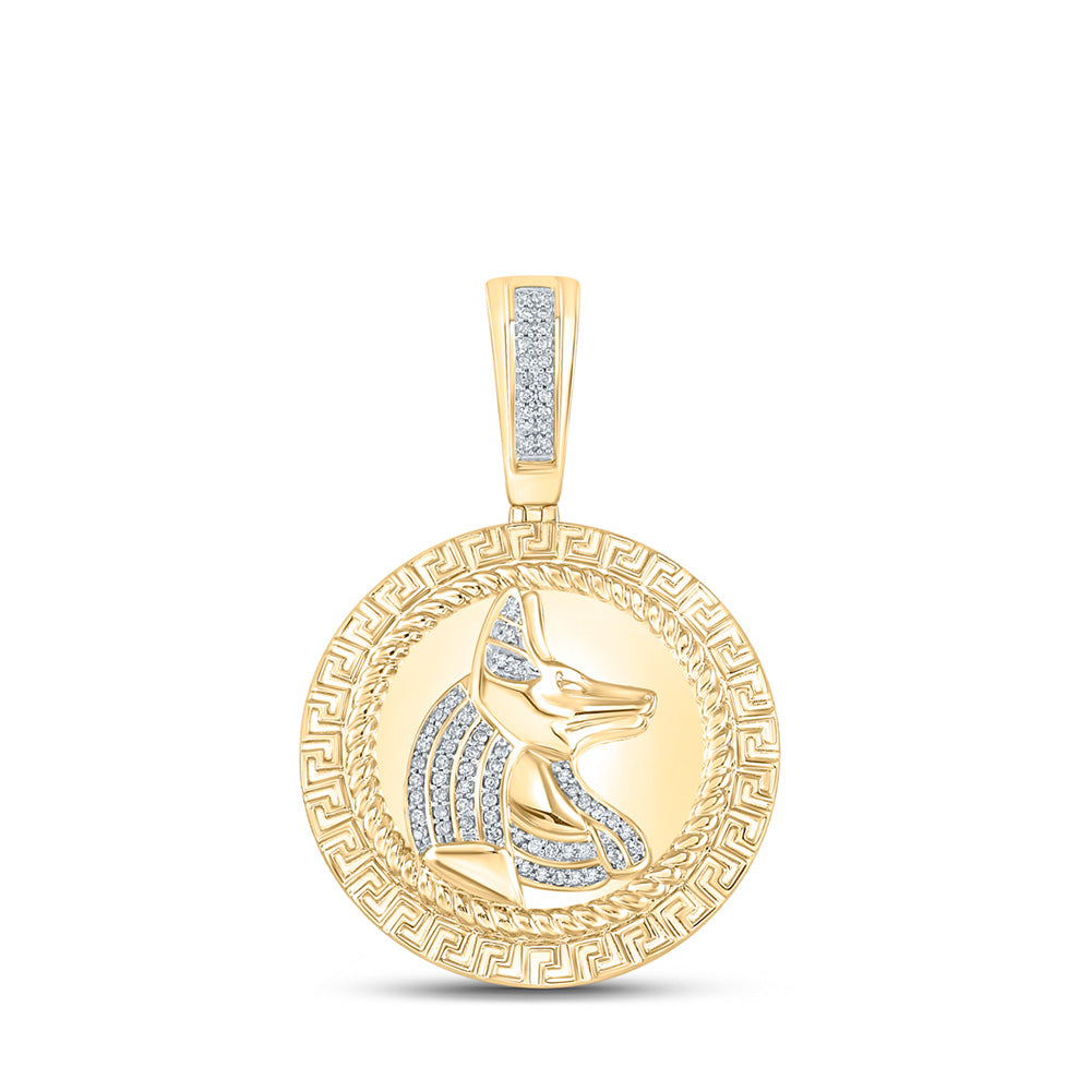 10kt Yellow Gold Mens Round Diamond Anubis Egypt Circle Charm Pendant 1/5 Cttw