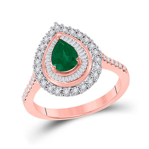 14kt Rose Gold Womens Oval Emerald Diamond Teardrop Ring 7/8 Cttw