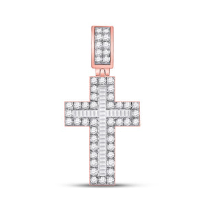 10kt Rose Gold Mens Baguette Diamond Cross Charm Pendant 1-5/8 Cttw