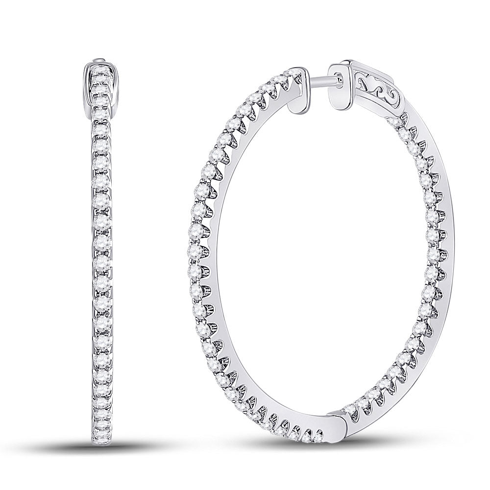 14kt White Gold Womens Round Diamond Slender Single Row Hoop Earrings 1-1/2 Cttw