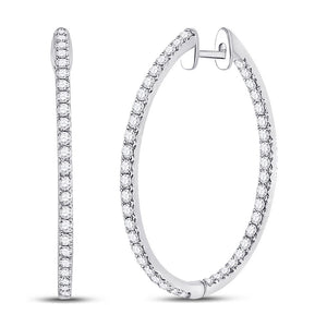 14kt White Gold Womens Round Diamond Slender Single Row Hoop Earrings 1-1/2 Cttw