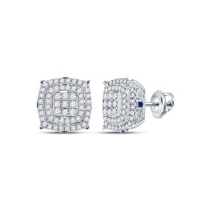 14kt White Gold Womens Round Diamond Blue Sapphire Square Earrings 7/8 Cttw