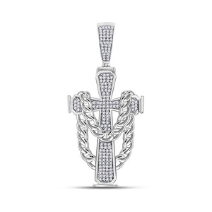 10kt White Gold Mens Round Diamond Cross Charm Pendant 3/8 Cttw