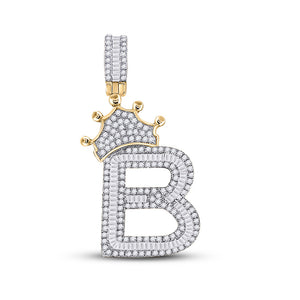 10kt Yellow Gold Mens Baguette Diamond Crown B Letter Charm Pendant 1 Cttw