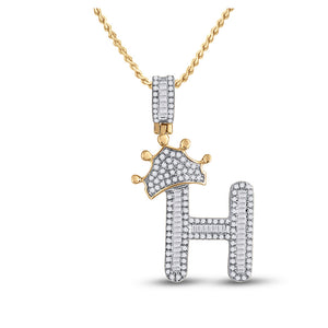 10kt Yellow Gold Mens Baguette Diamond Crown H Letter Charm Pendant 5/8 Cttw