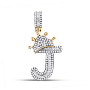 10kt Yellow Gold Mens Baguette Diamond Crown J Letter Charm Pendant 1/2 Cttw