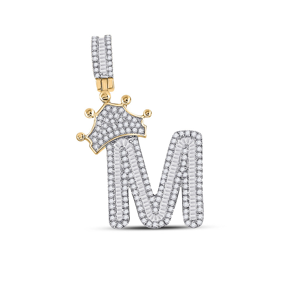 10kt Yellow Gold Mens Baguette Diamond Crown M Letter Charm Pendant 7/8 Cttw