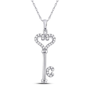 10kt White Gold Womens Round Diamond Key Pendant 1/6 Cttw