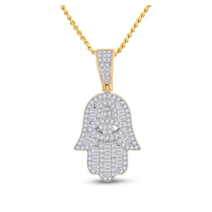 14kt Yellow Gold Mens Baguette Diamond Hamsa Hand Charm Pendant 1/2 Cttw