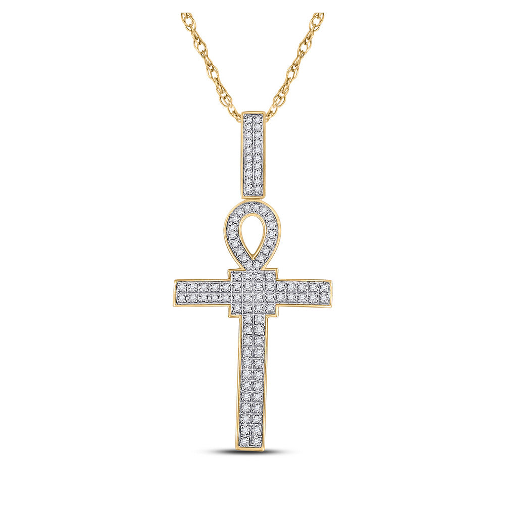 10kt Yellow Gold Mens Round Diamond Ankh Cross Charm Pendant 3/8 Cttw