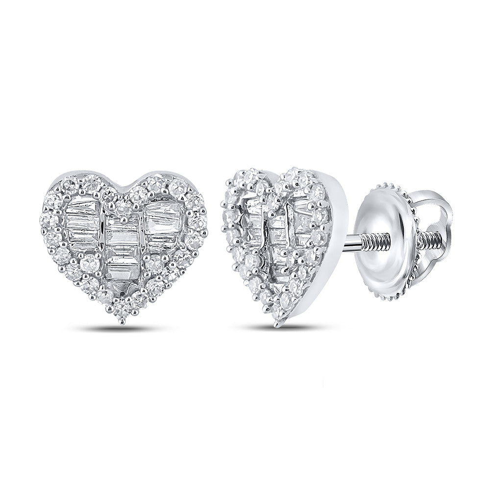 10kt White Gold Womens Baguette Diamond Heart Earrings 3/8 Cttw