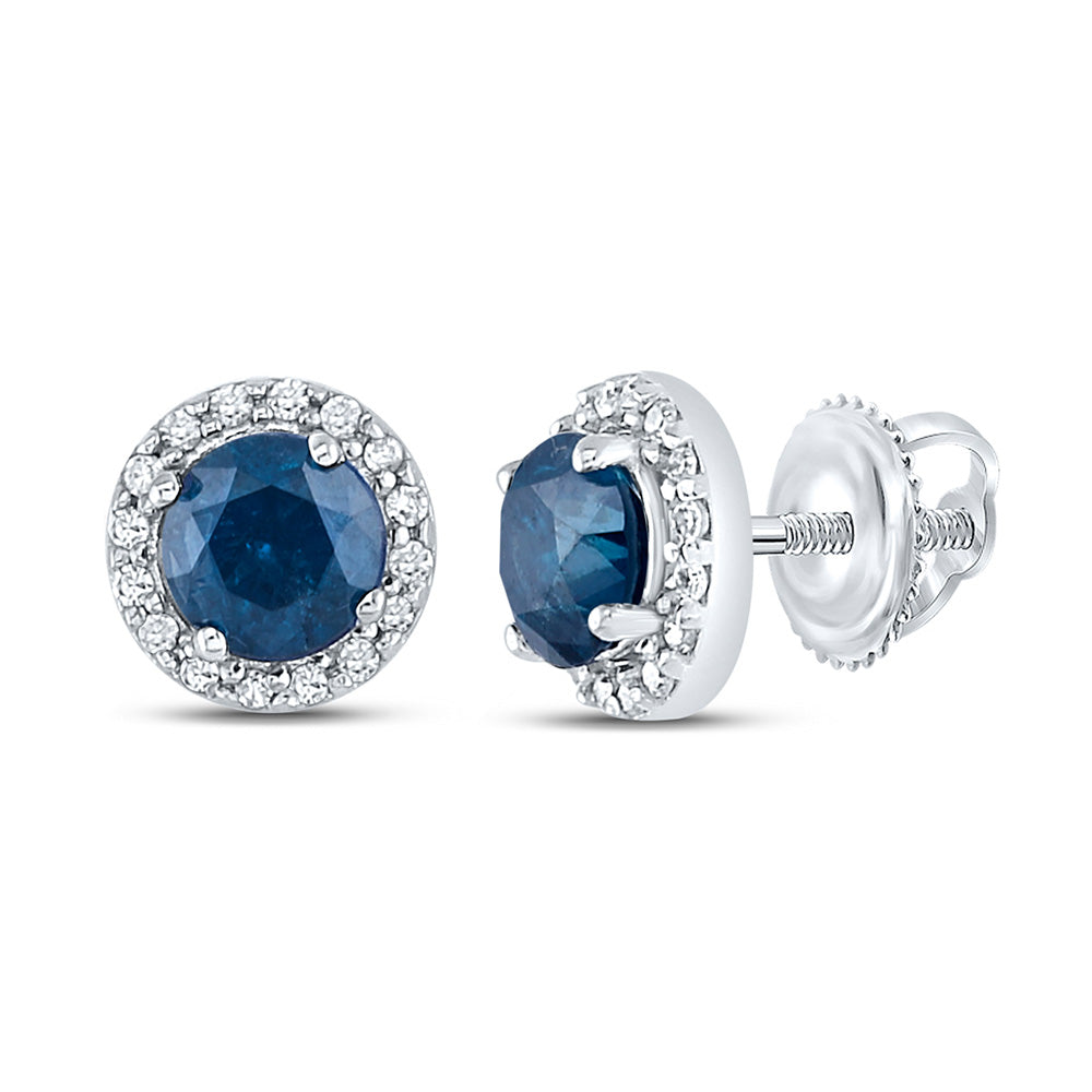 10kt White Gold Womens Round Blue Sapphire Halo Earrings 7/8 Cttw