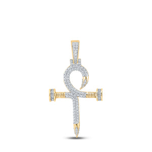 10kt Yellow Gold Mens Baguette Diamond Nail Cross Ankh Charm Pendant 3/4 Cttw