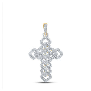 10kt Yellow Gold Mens Round Diamond Cuban Link Cross Charm Pendant 1-3/4 Cttw