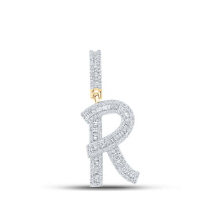 10kt Yellow Gold Mens Baguette Diamond Initial R Letter Charm Pendant 7/8 Cttw