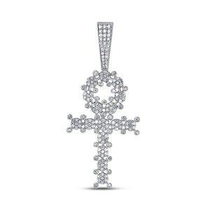 10kt White Gold Mens Round Diamond Ankh Cross Charm Pendant 1 Cttw