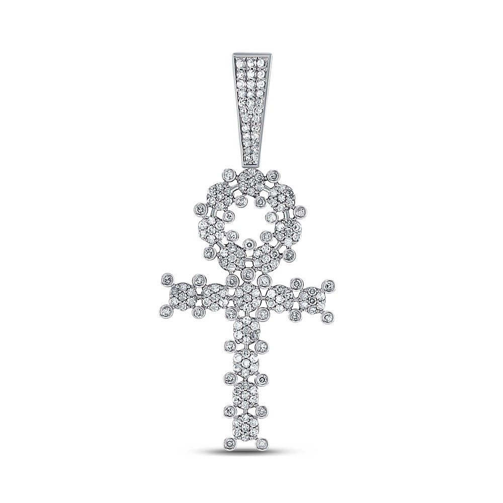 10kt White Gold Mens Round Diamond Ankh Cross Charm Pendant 1 Cttw