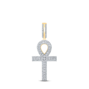 10kt Yellow Gold Mens Round Diamond Ankh Cross Charm Pendant 3/8 Cttw