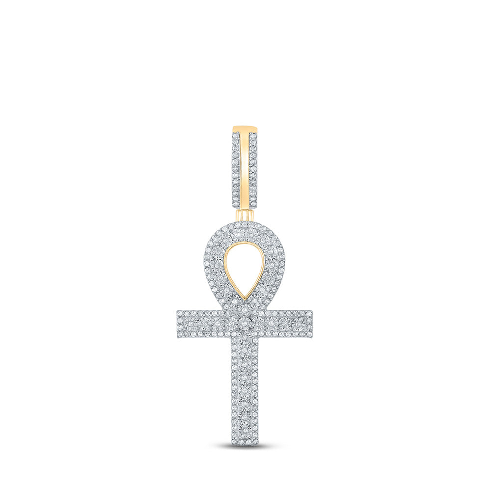 10kt Yellow Gold Mens Round Diamond Ankh Cross Charm Pendant 3/8 Cttw