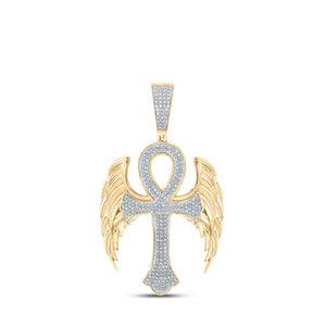 10kt Yellow Gold Mens Round Diamond Wing Ankh Cross Charm Pendant 5/8 Cttw