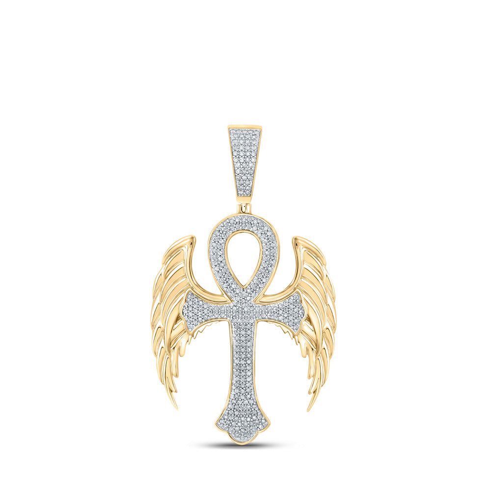 10kt Yellow Gold Mens Round Diamond Wing Ankh Cross Charm Pendant 5/8 Cttw