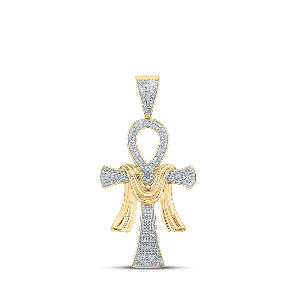 10kt Yellow Gold Mens Round Diamond Ankh Cross Charm Pendant 3/4 Cttw