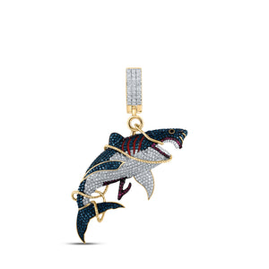 14kt Yellow Gold Mens Round Diamond Shark Animal Charm Pendant 1-1/2 Cttw