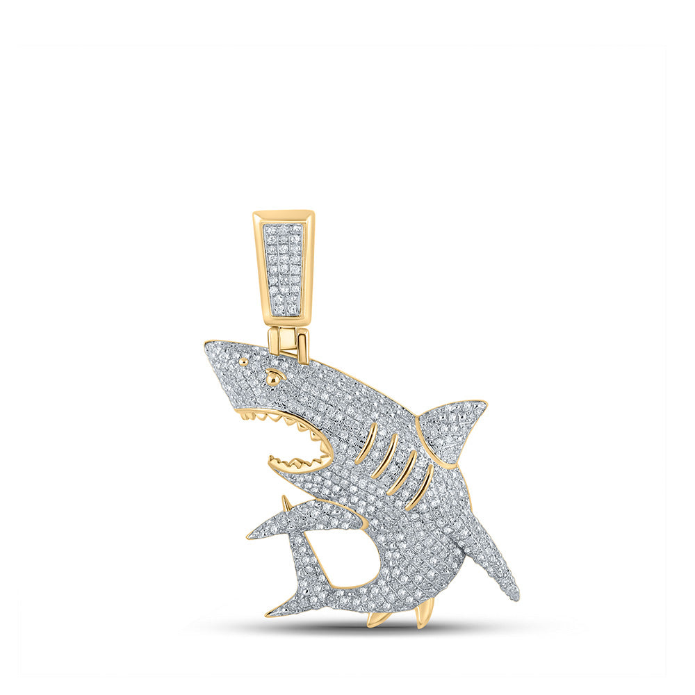 10kt Yellow Gold Mens Round Diamond Shark Animal Charm Pendant 7/8 Cttw