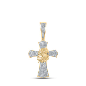 10kt Yellow Gold Mens Round Diamond Eagle Cross Charm Pendant 1/2 Cttw